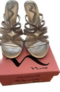 Nina Pamee Silver Glitter Strappy Lucite Heel Sandals Size 7.5M